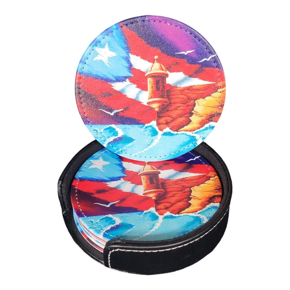 Puerto Rico Flag Leather Drinks Coasters with Set of 6,Puerto Rican Round.